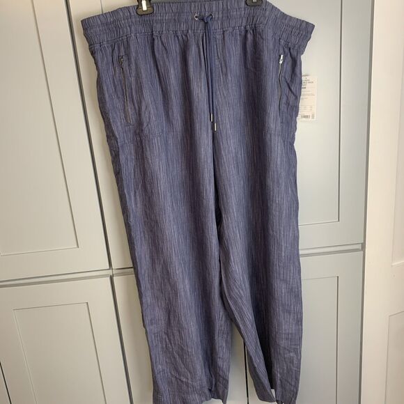 Athleta Cabo Women Pants 26 Sz 3XL‎ Blue Linen Texture  Wide Leg Elastic Pull On - Picture 1 of 5